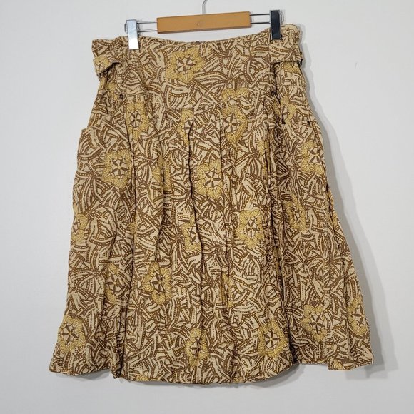 Cassis Bohemian A-Line Skirt Brown Tan Patterned Belted Pockets Boho Lined Sz 12 - Picture 1 of 10